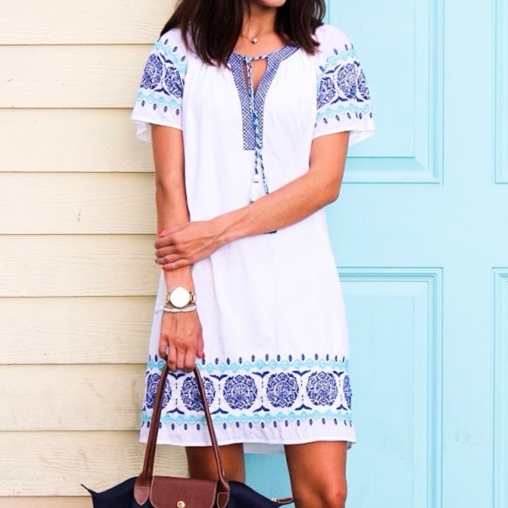 Vineyard Vines Embroidered Cotton Popover Dress White Blue Shift Medium